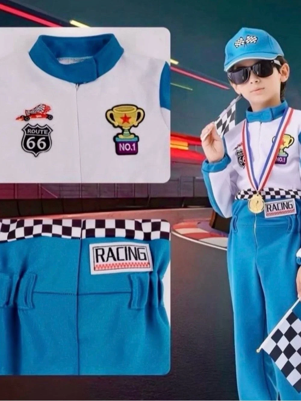 Kids Blue Race Car Driver Costume with Cap & Accessories NEW Halloween #Lux-T